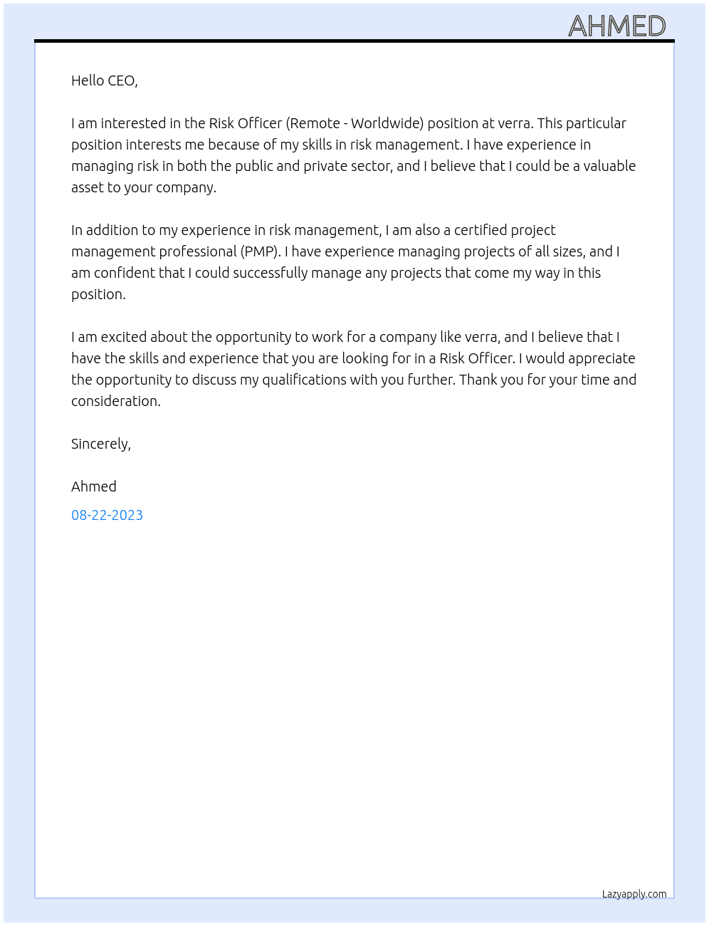 Risk Officer (Remote - Worldwide) At verra Cover Letter