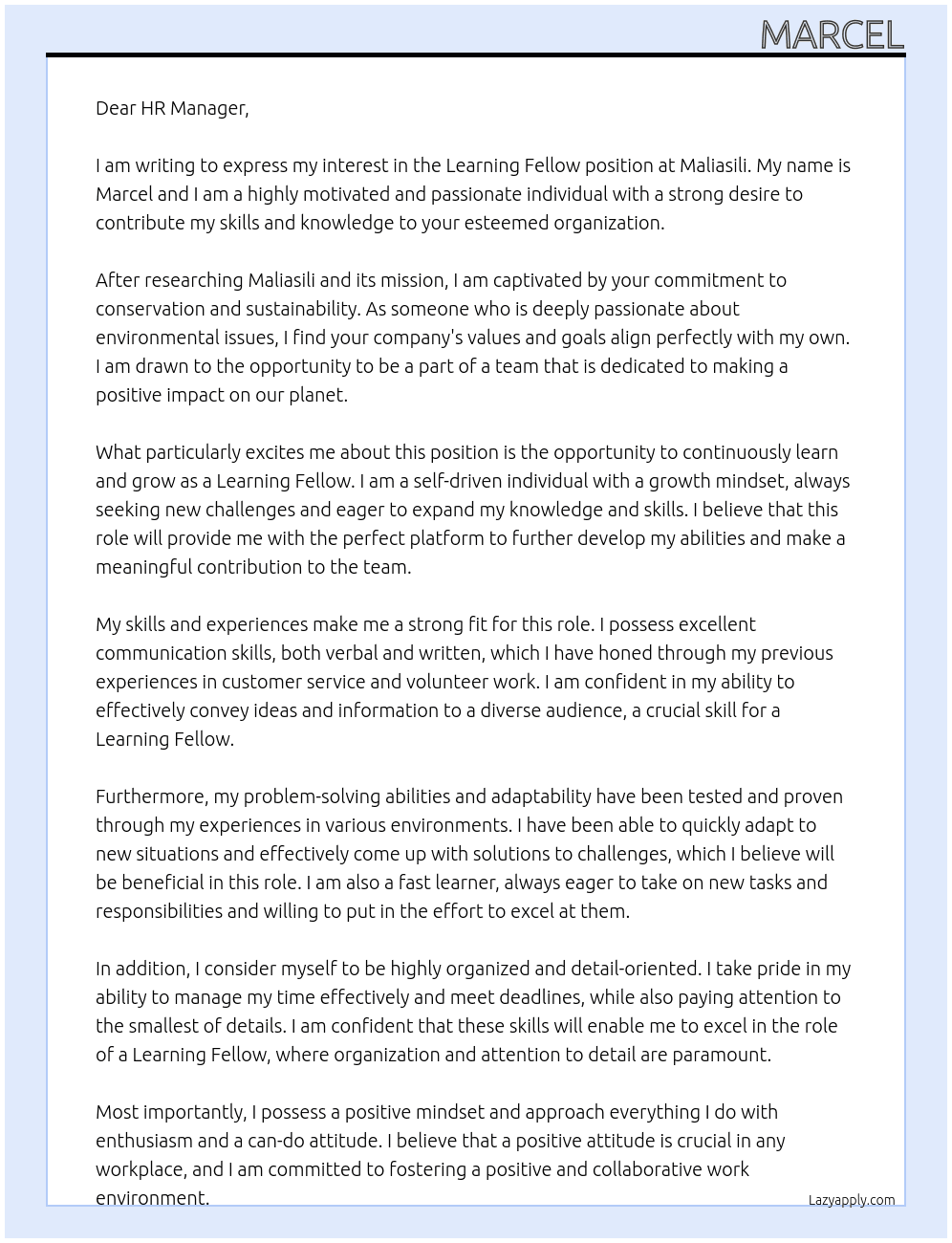 Learning fellow At Maliasili Cover Letter