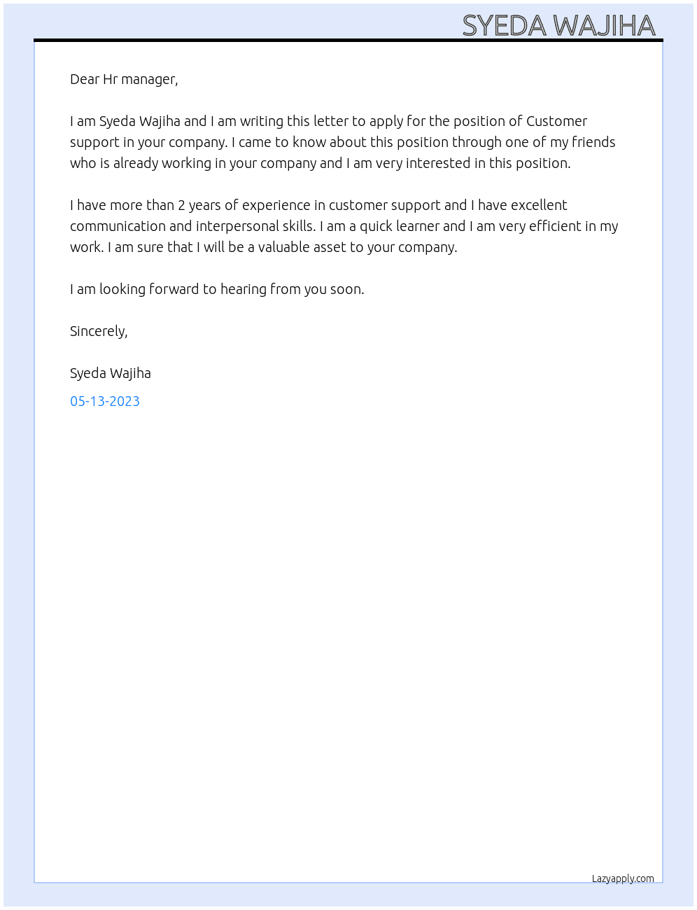 Customer support  At Multiplier Cover Letter