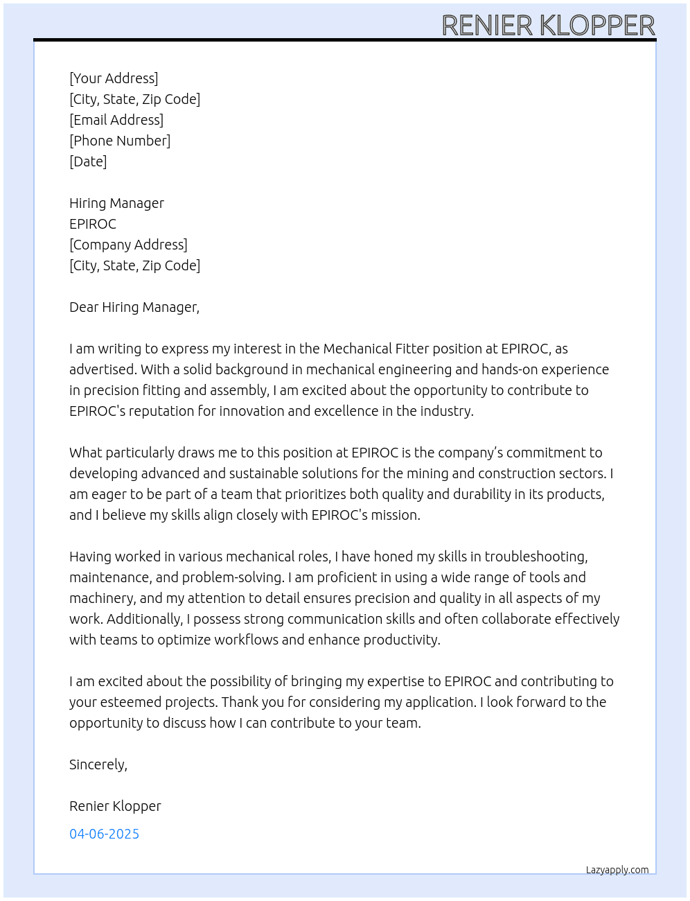 Cover letter for mecanical fitter - LazyApply