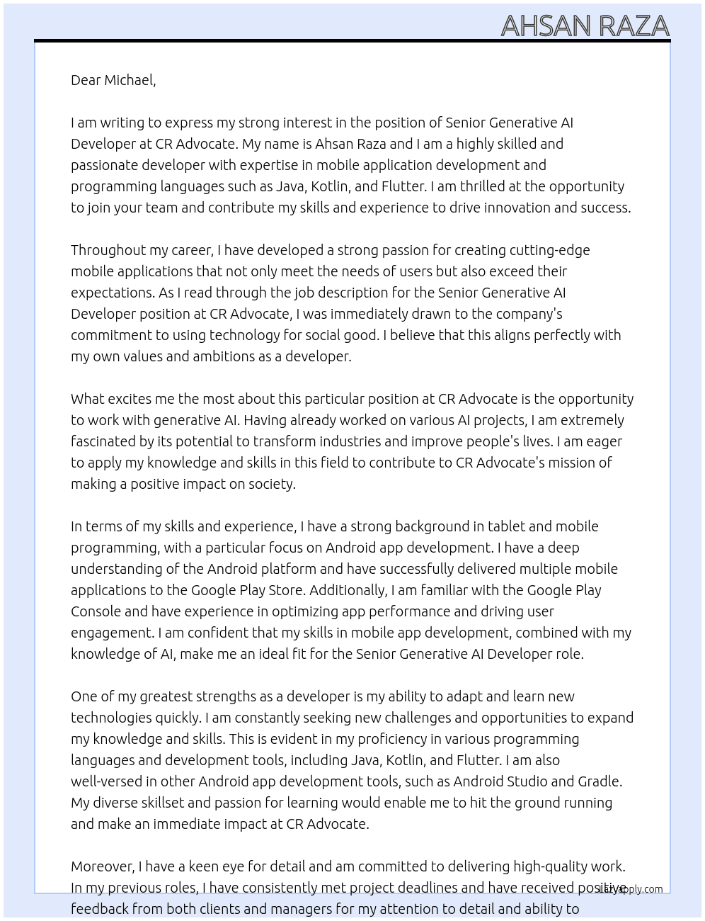 Senior Generative AI Developer At CR Advocate Cover Letter