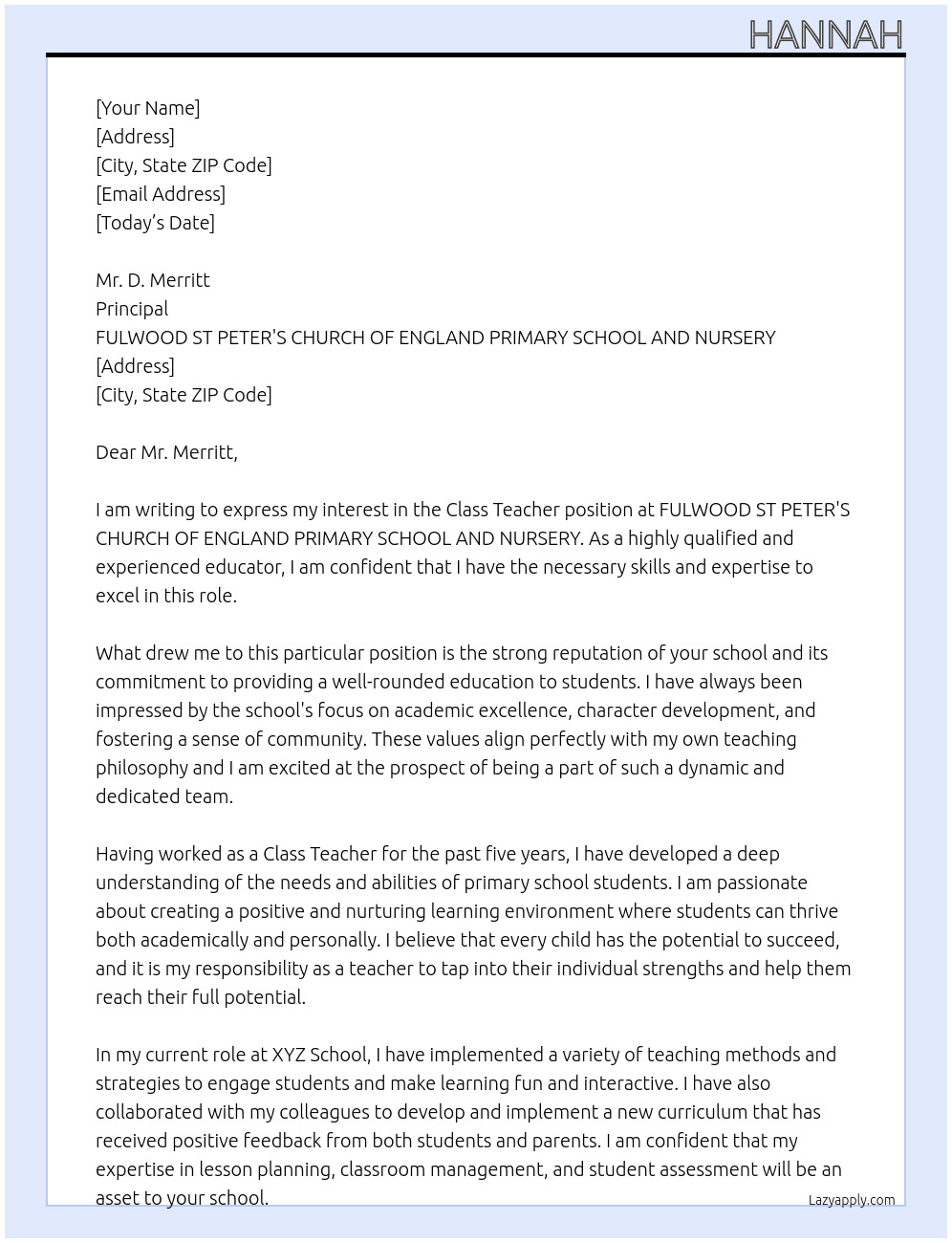 Class Teacher At FULWOOD ST PETER'S CHURCH OF ENGLAND PRIMARY SCHOOL AND NURSERY Cover Letter