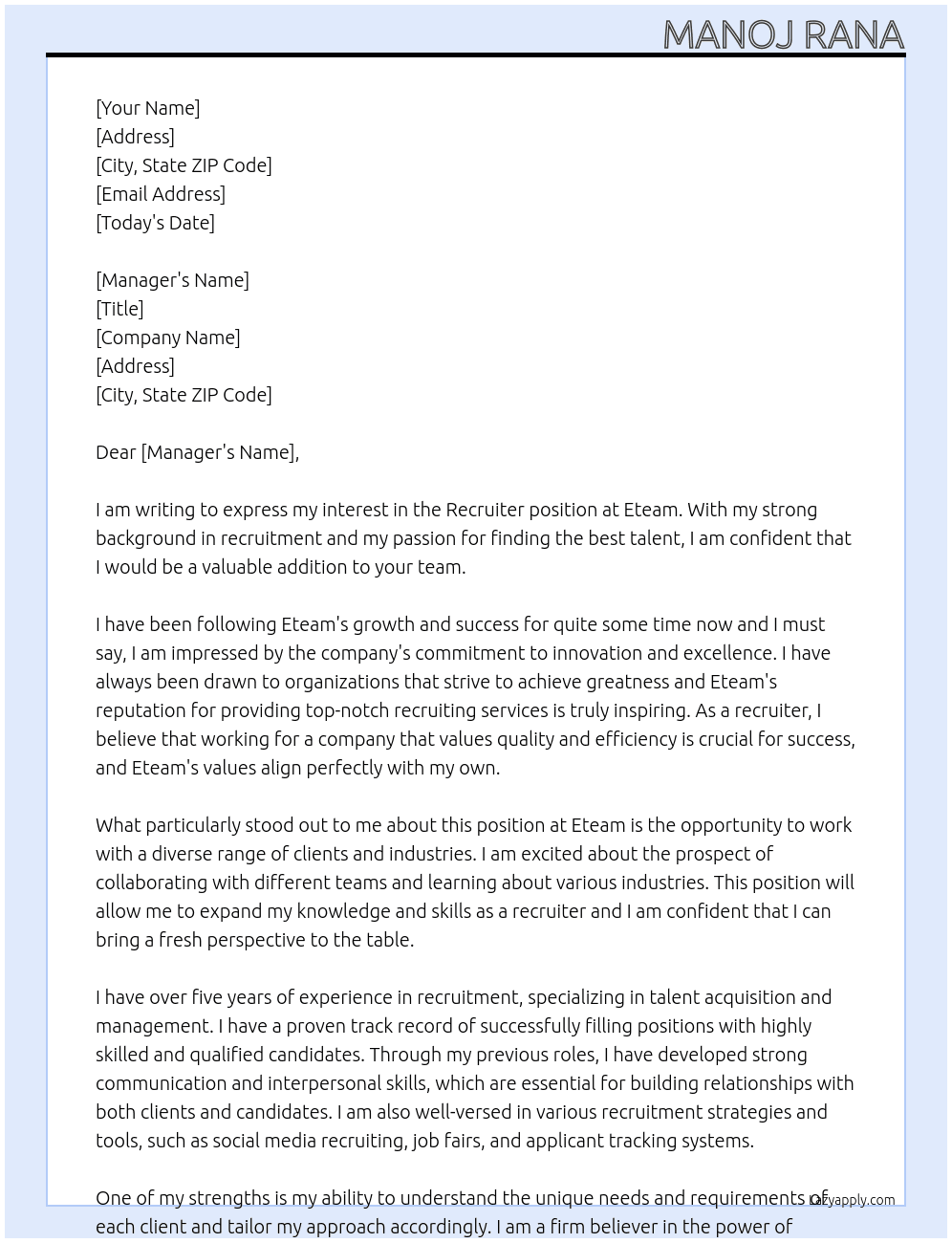 Recruiter At Eteam Cover Letter