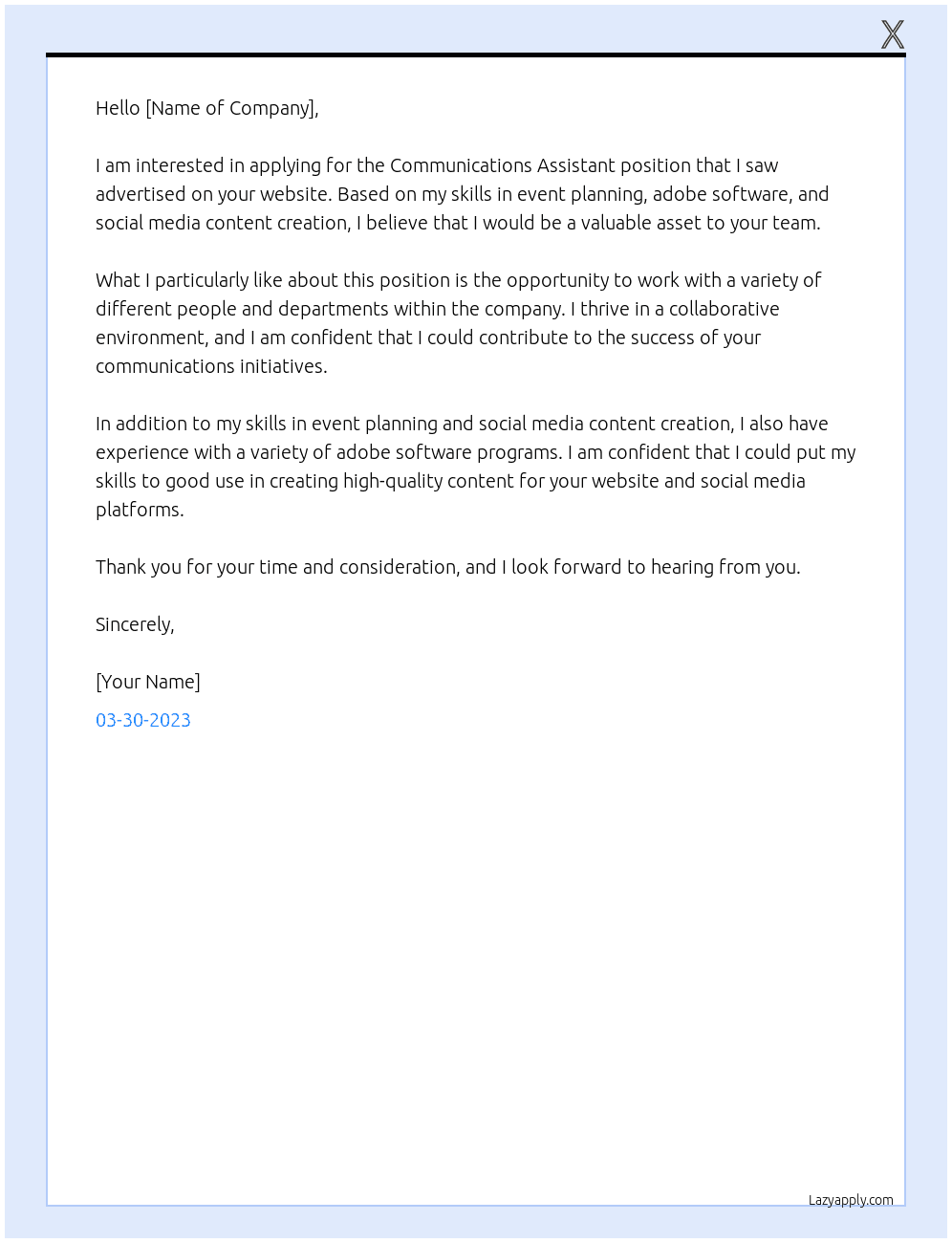 Communications Assistant  At x Cover Letter