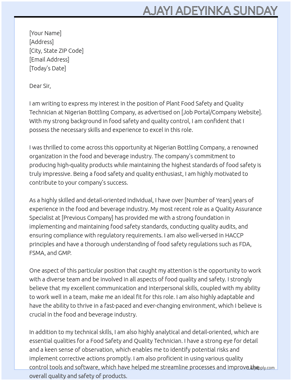 Plant food safety and Quality technician At NIGERIAN BOTTLING COMPANY Cover Letter