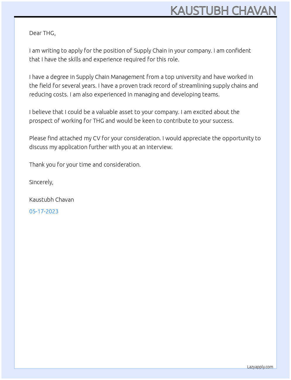Supply chain At THG Cover Letter