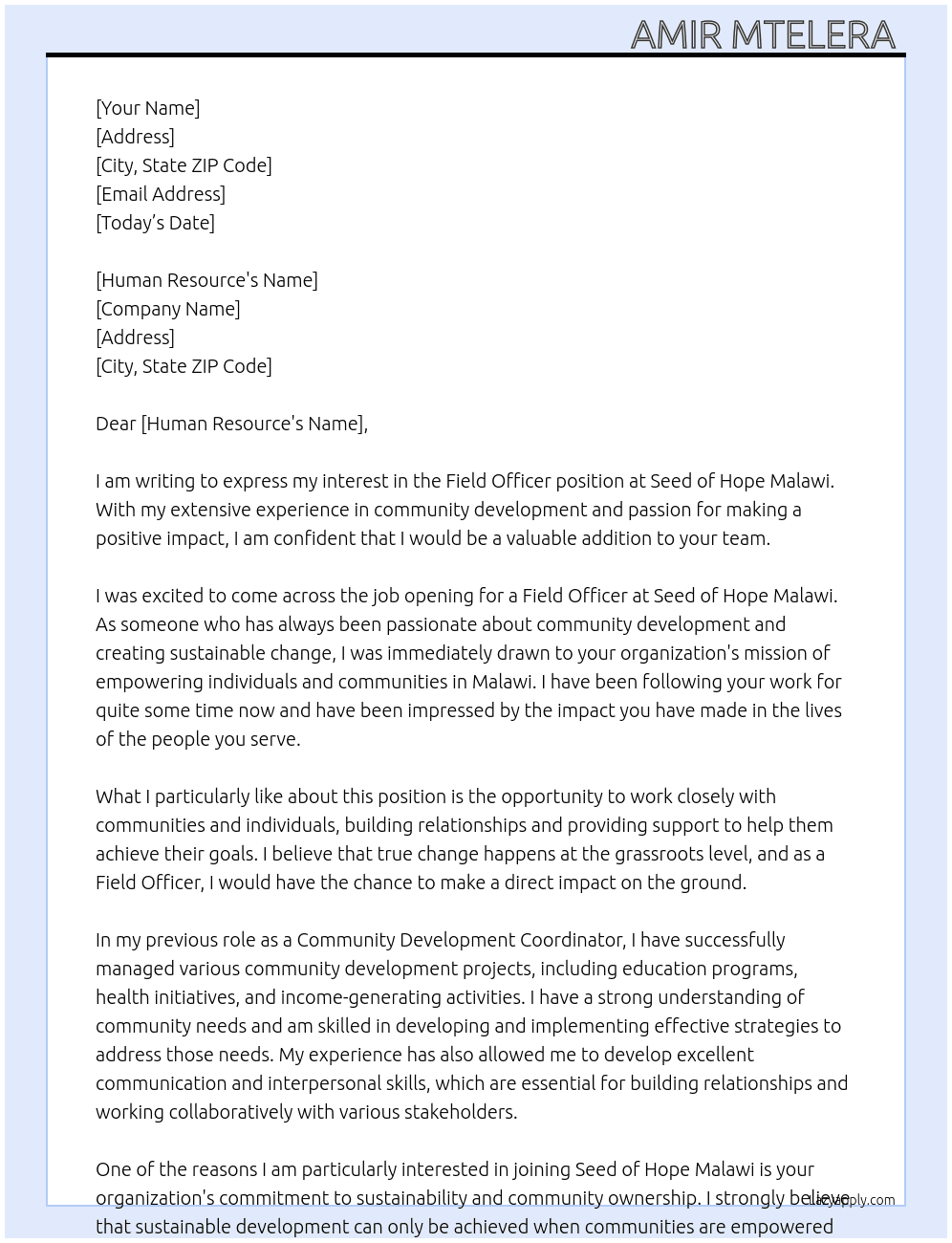 FIELD OFFICER  At Seed of hope Malawi Cover Letter