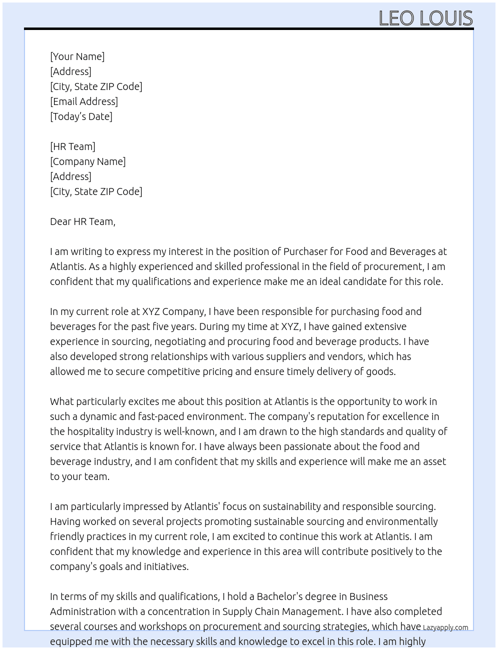 purchaser food and beverages At Atlantis Cover Letter