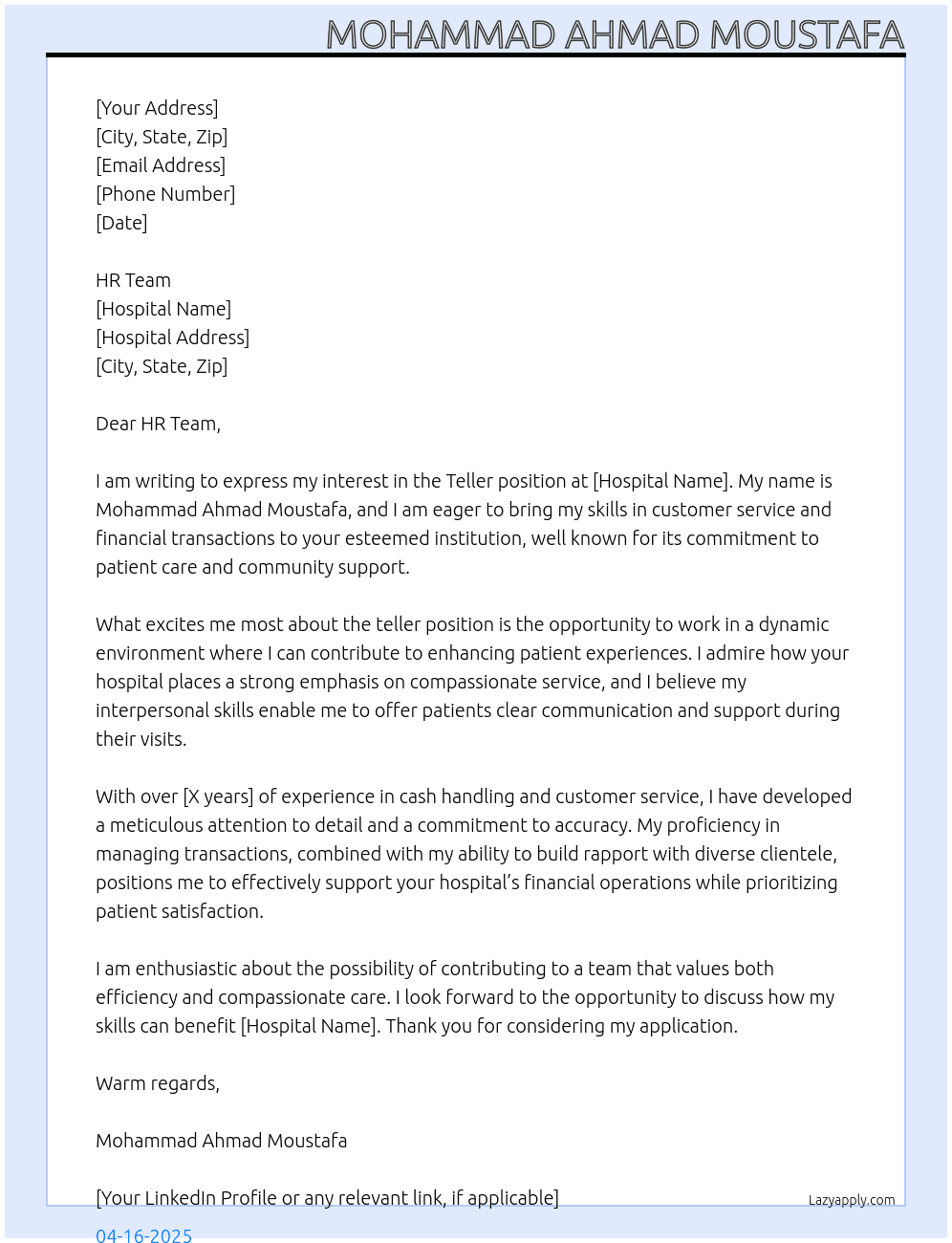teller At hospital Cover Letter