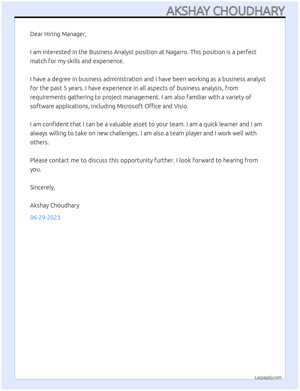 Buisness analyst  At Nagarro Cover Letter