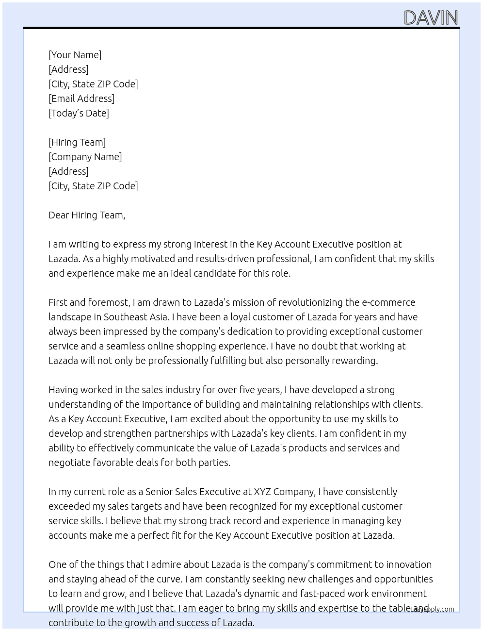 key account executive  At Lazada Cover Letter