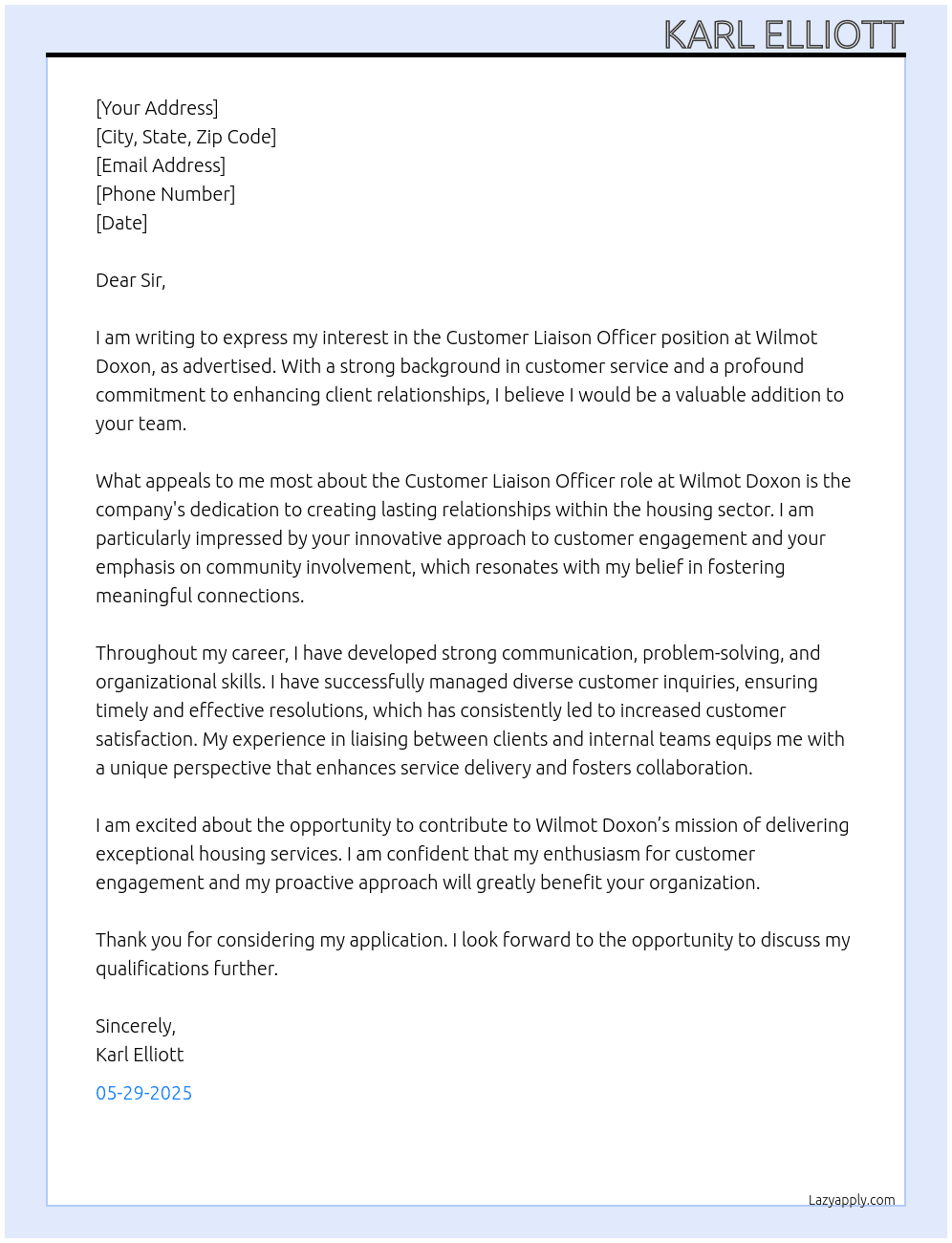 Cover letter for customer liaison officer housing - LazyApply