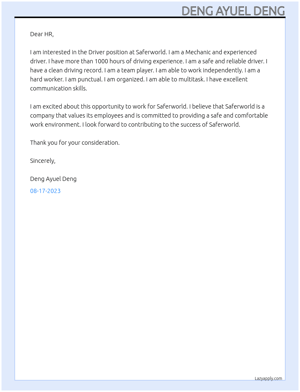 Driver At Saferworld Cover Letter