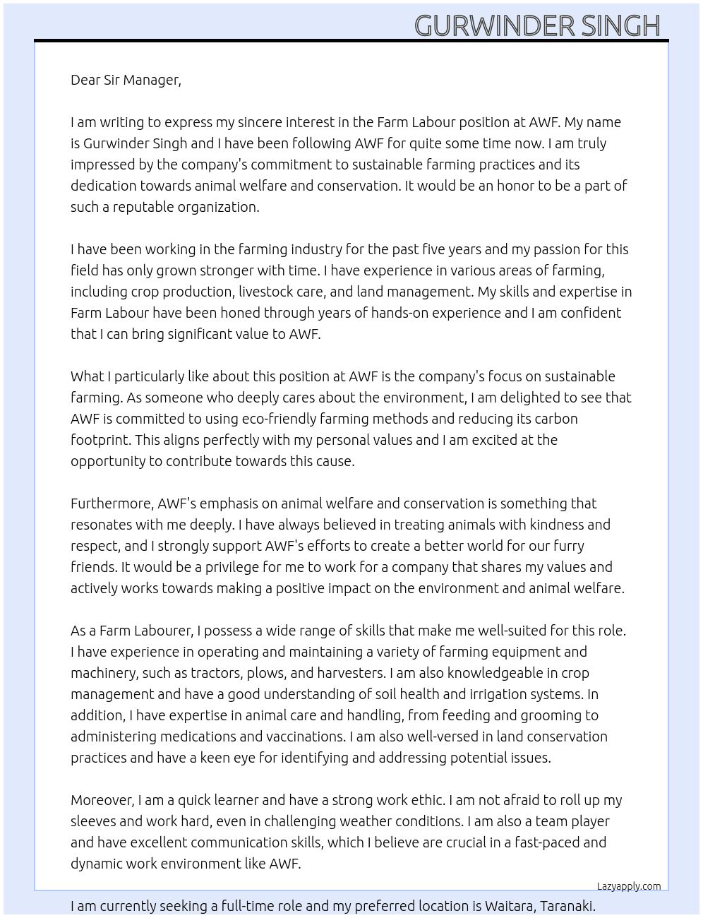 Farm labour At AWF Cover Letter