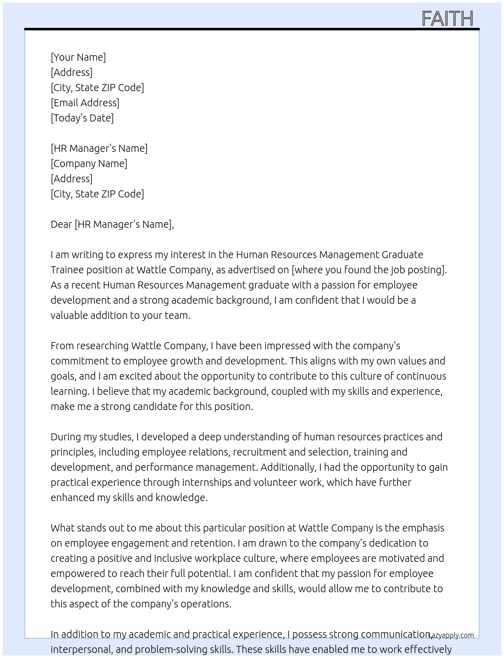 Human Resources Management Graduate Trainee  At Wattle Company  Cover Letter