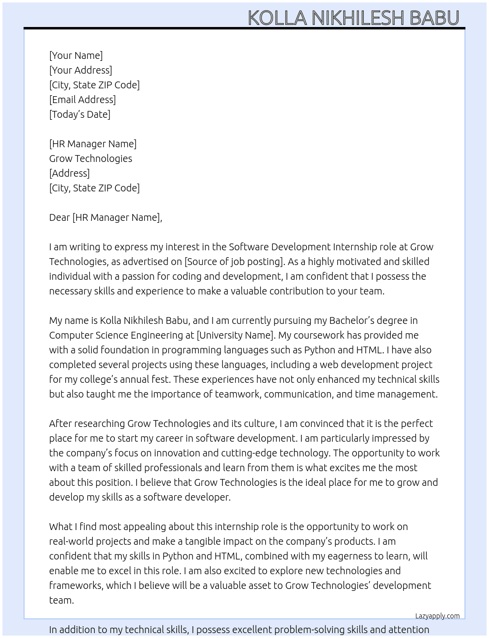 Software development  At Grow technologies  Cover Letter