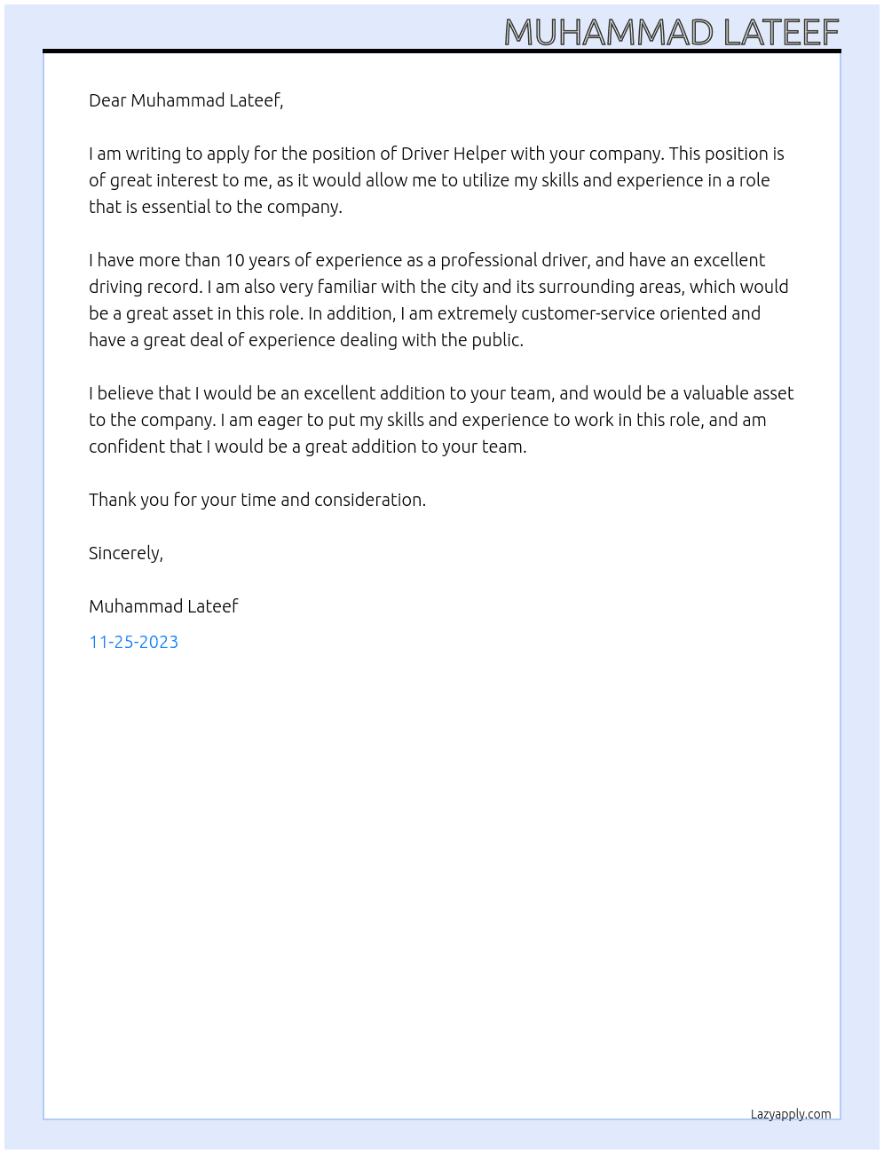 Driver Helper At Muhammad Lateef Cover Letter
