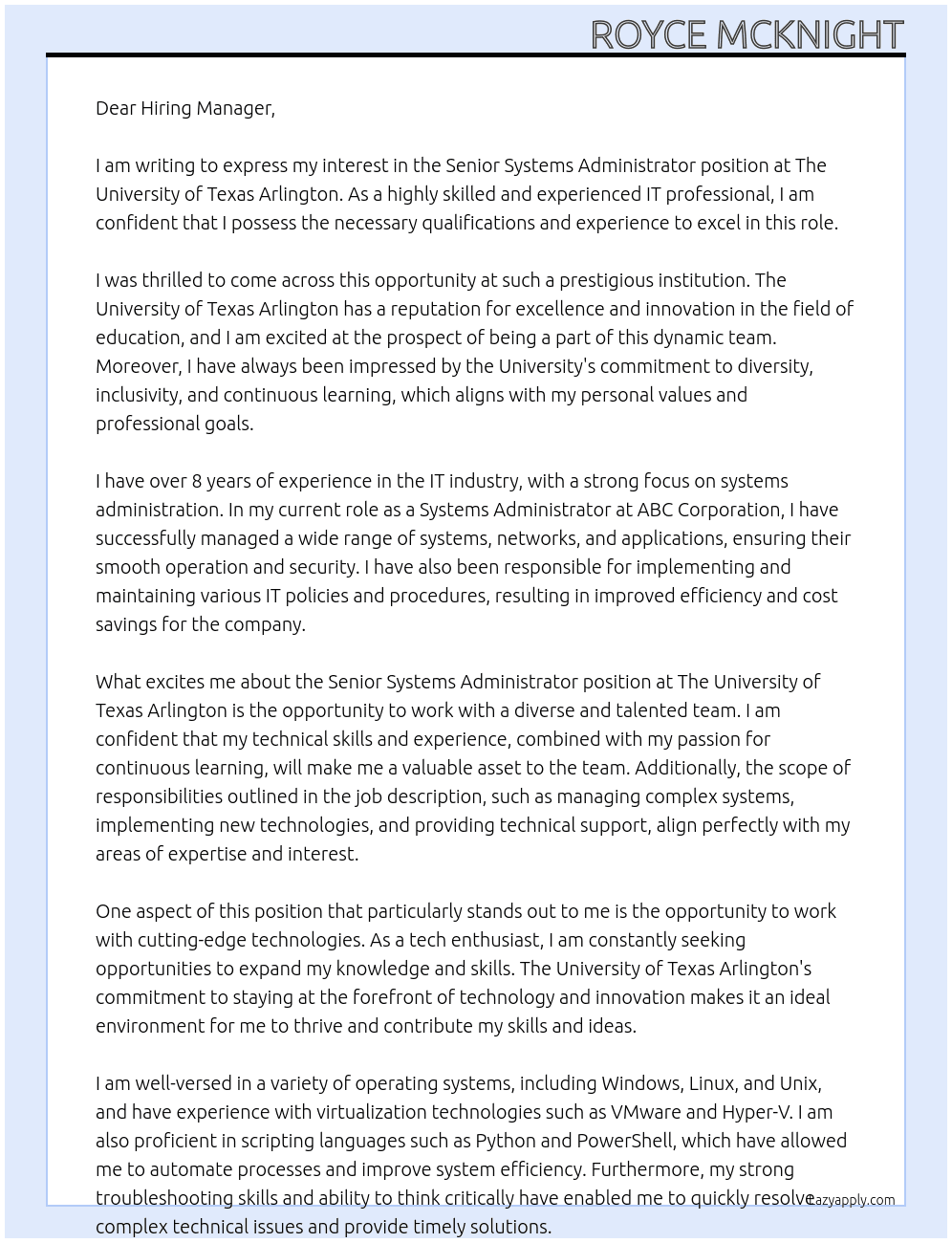 Senior Systems Administrator At The University of Texas Arlington Cover Letter