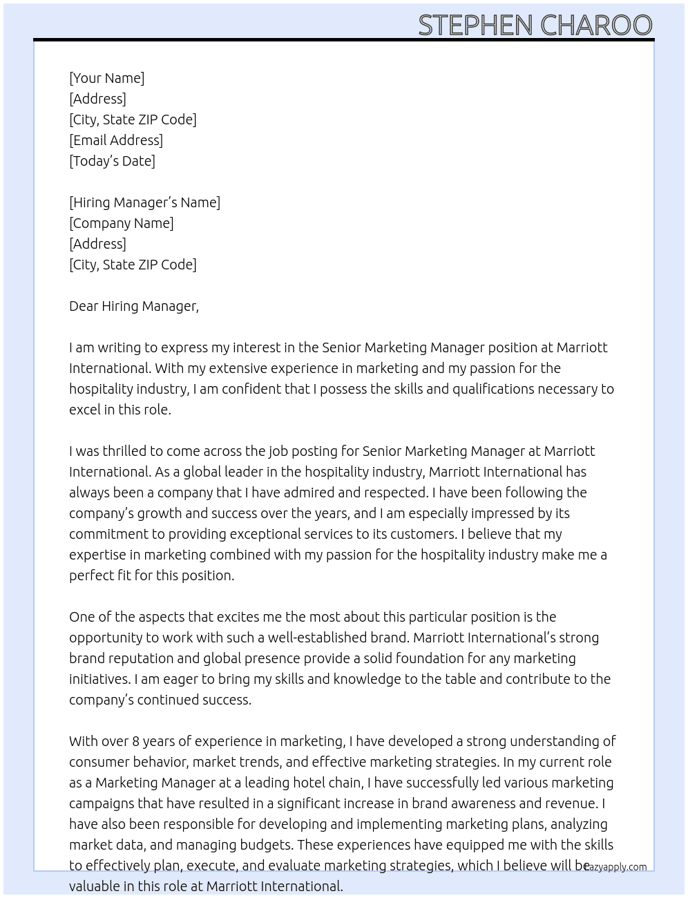 Senior Marketing Manager At Marriott International Cover Letter