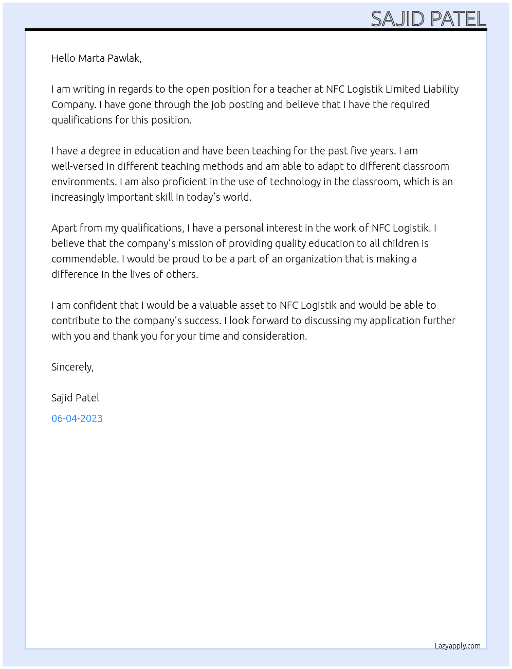 Teachar At NFC LOGISTIK LIMITED LIABILITY COMPANY Cover Letter