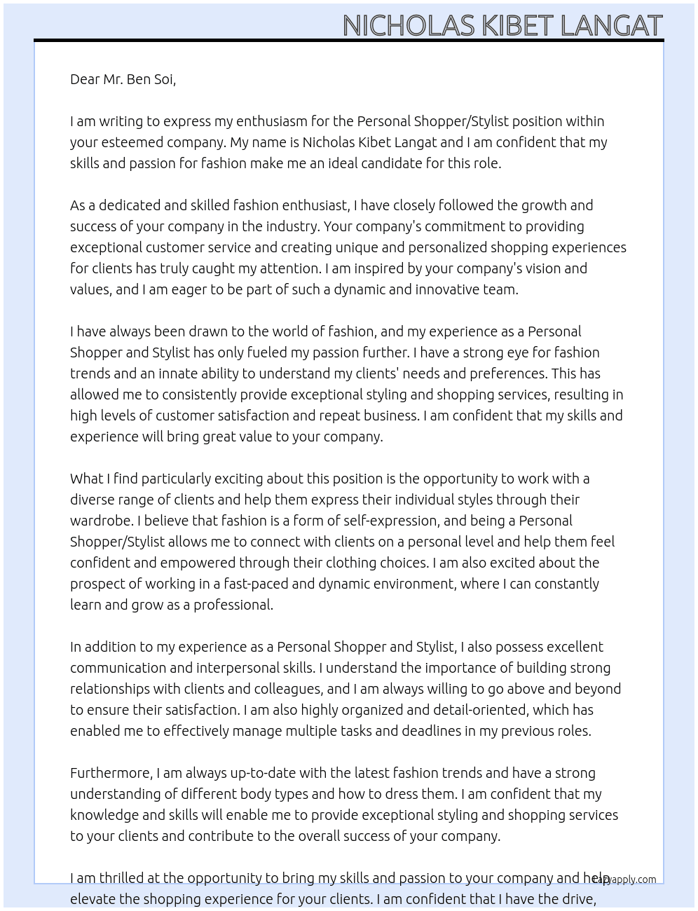 Personal Shopper/ Stylist At Mr. Ben Soi Cover Letter