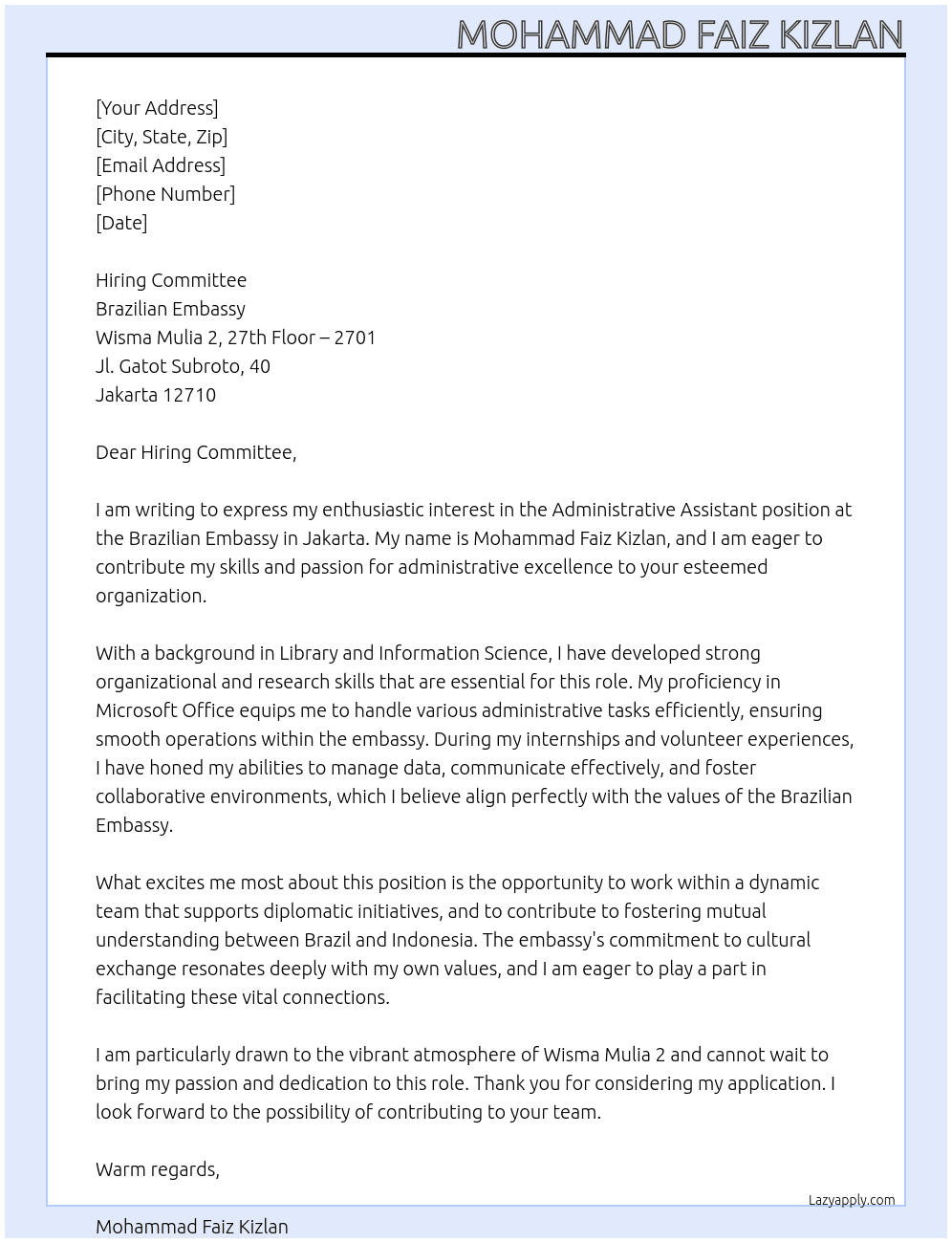 Administrative Assistant At Brazilian Embassy in Jakarta Cover Letter