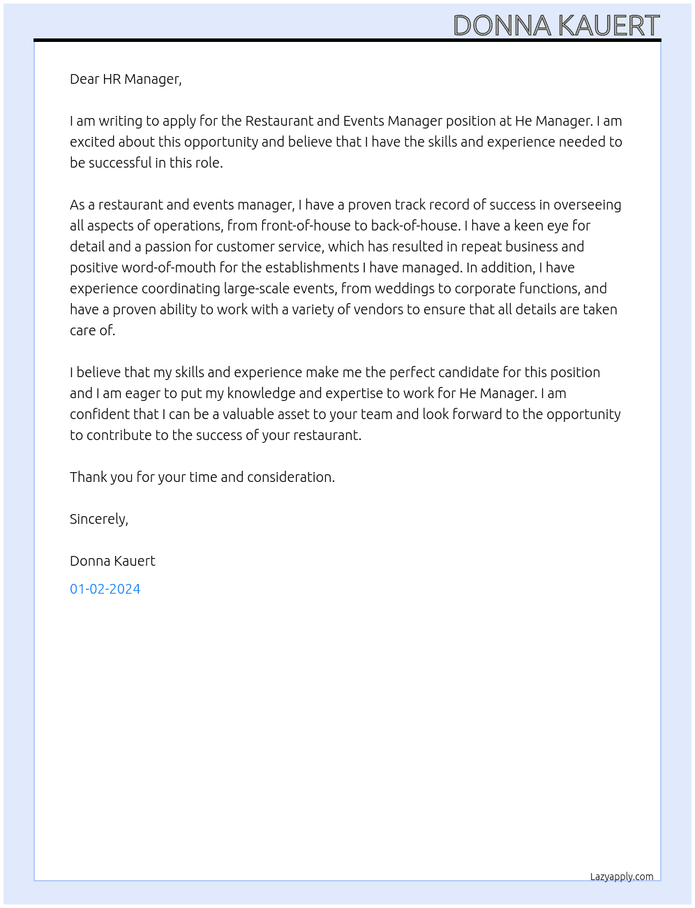 Restaurant and Events Manager At He Manager Cover Letter