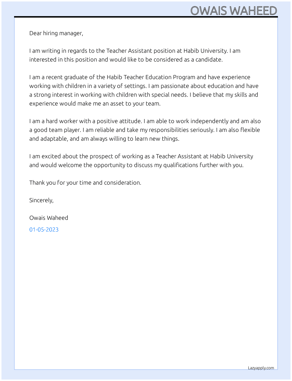 Teacher Assistant At Habib University Cover Letter
