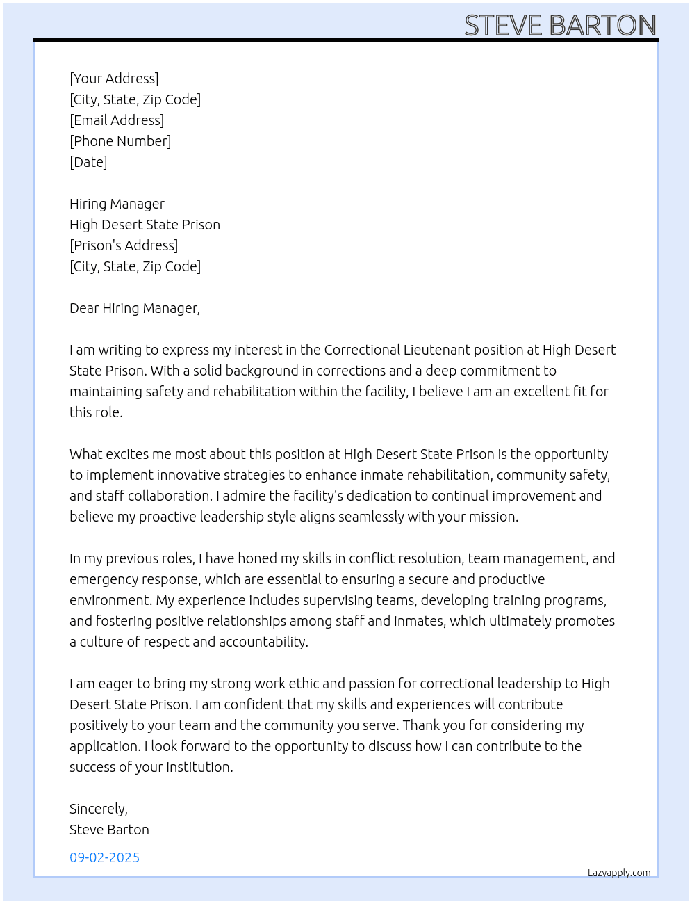 Correctional lieutenant At High Desert State prison Cover Letter