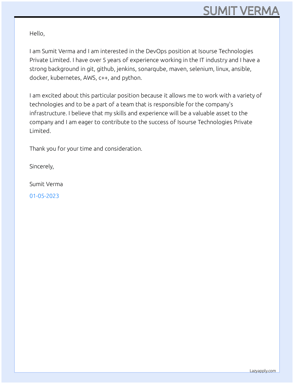 DevOps At Isourse Technologies Private Limited Cover Letter