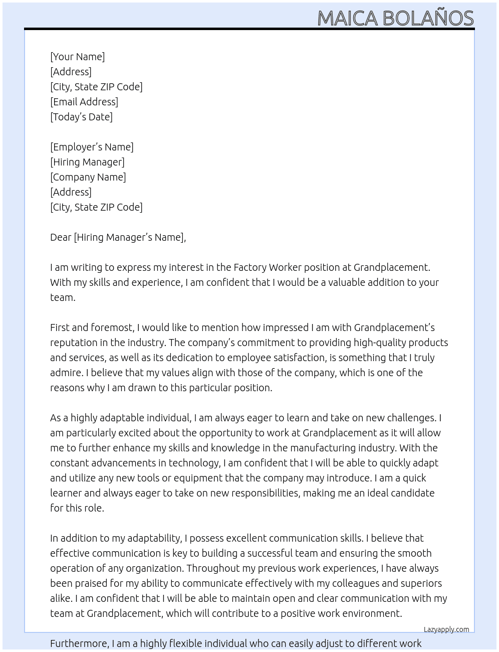 Factory Worker At Grandplacement Cover Letter