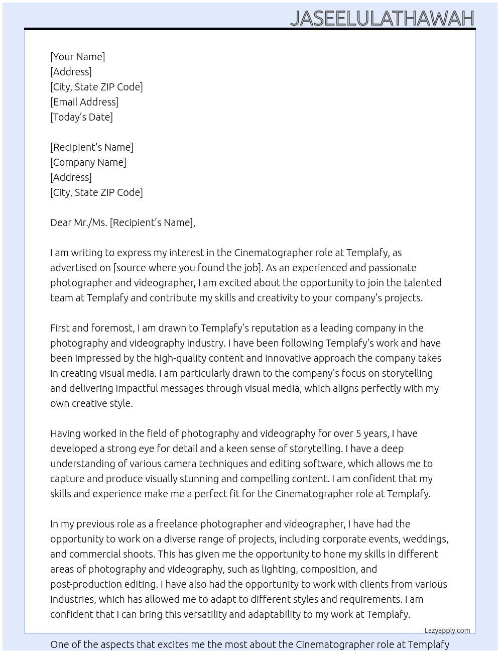 photography and vediography At Templafy Cover Letter