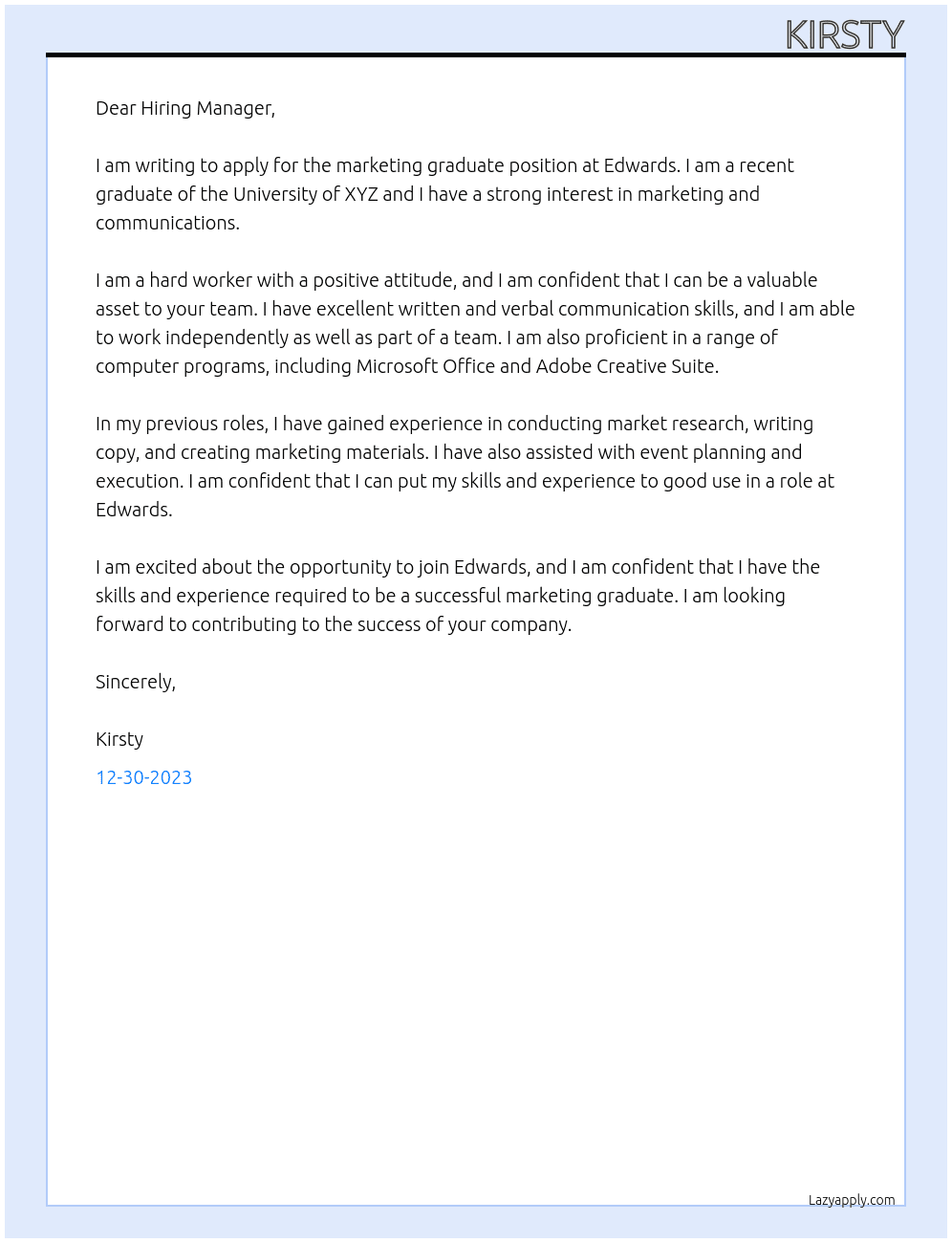 marketing graduate At Edwards  Cover Letter