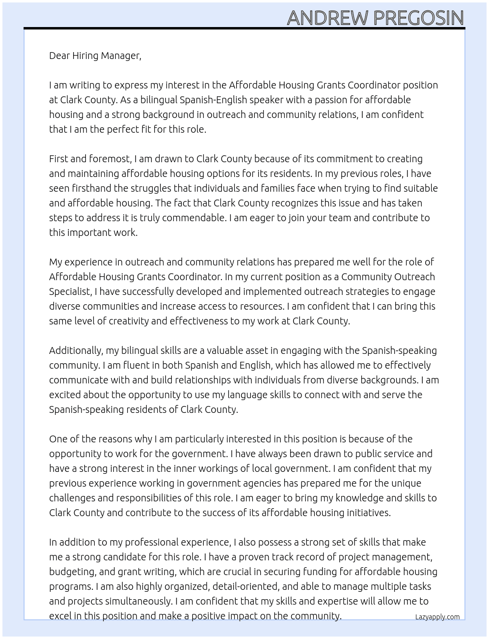 Affordable Housing Grants Coordinator At Clark County Cover Letter