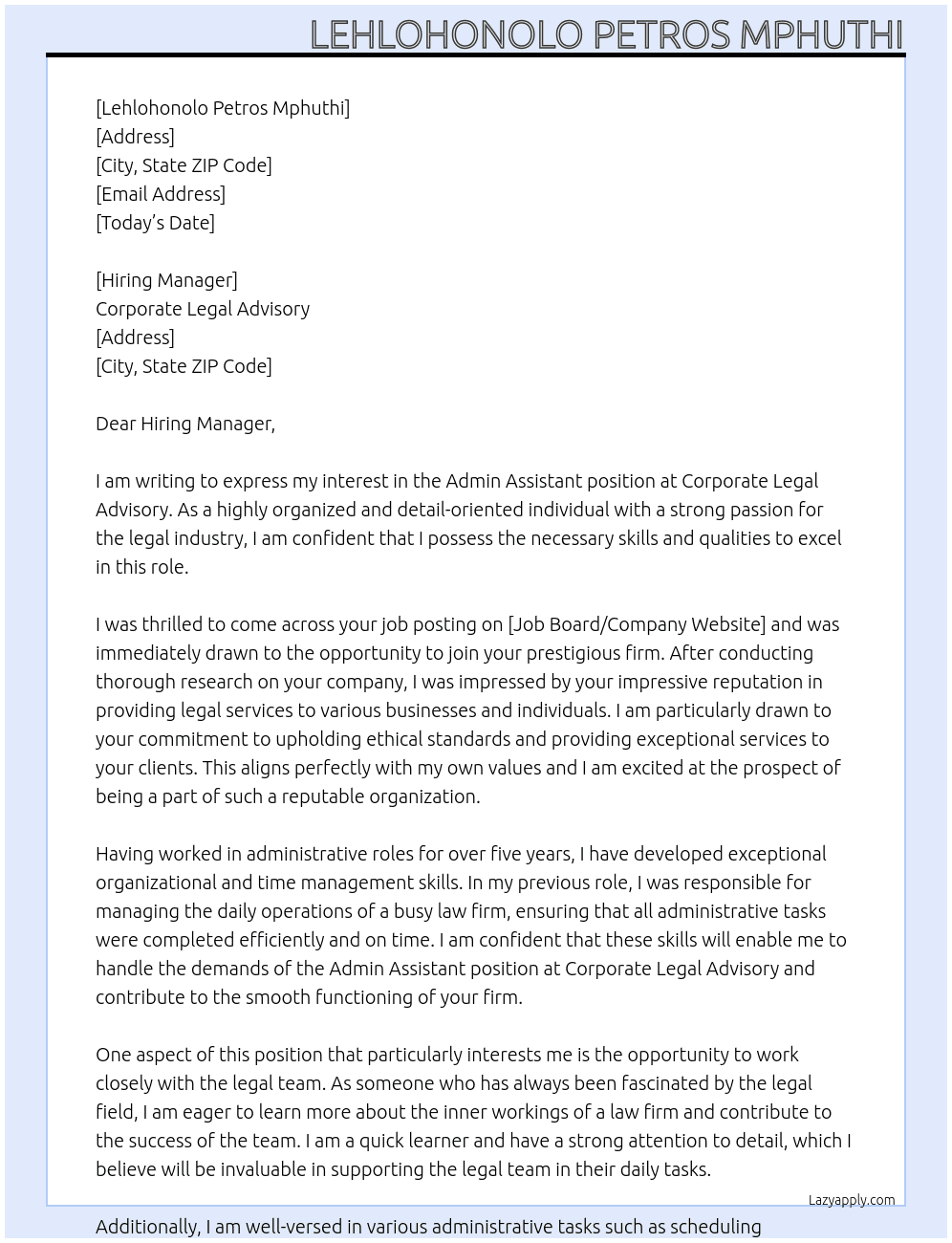 Admin Assistant  At Corporate Legal Advisory  Cover Letter