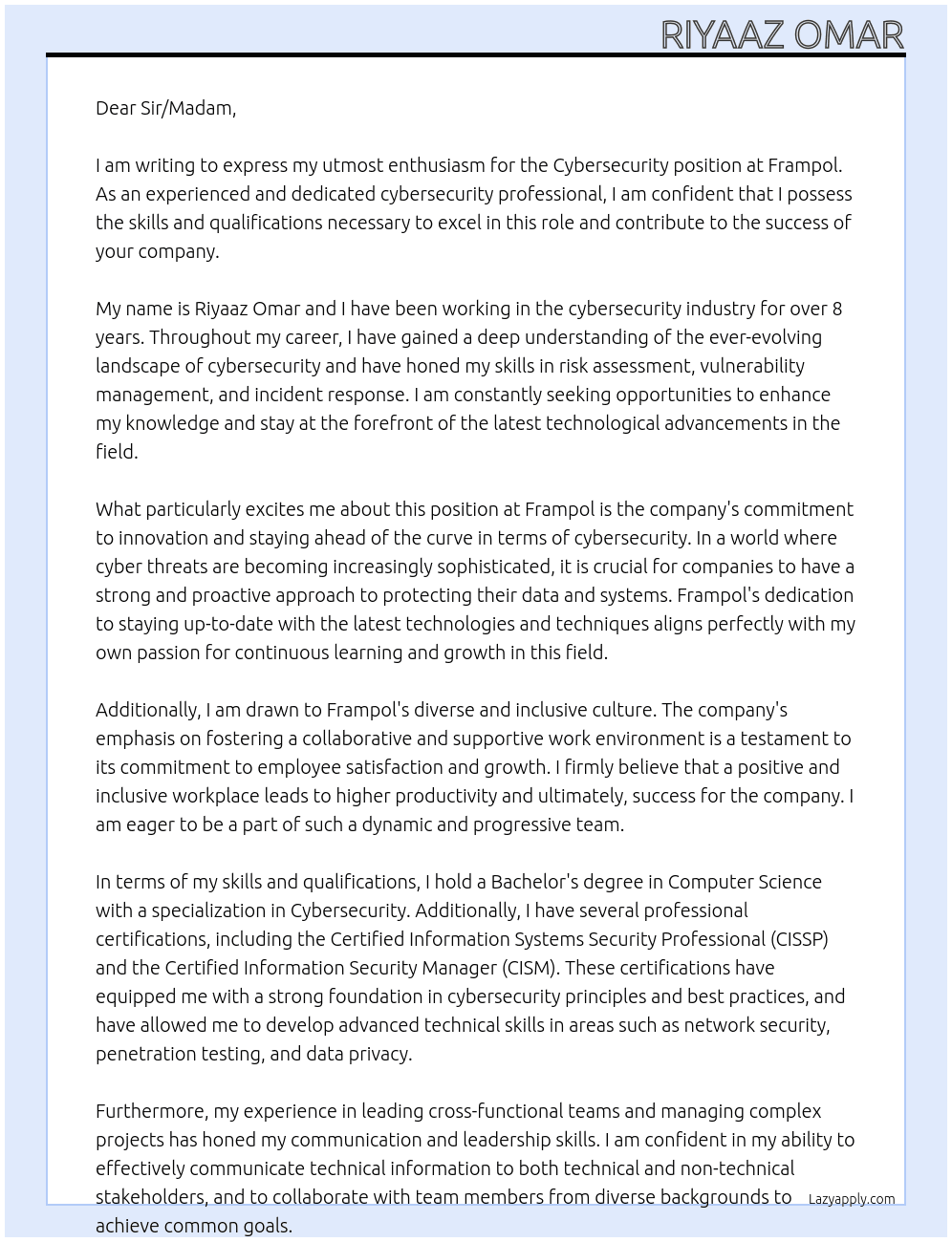Cybersecurity At Frampol Cover Letter