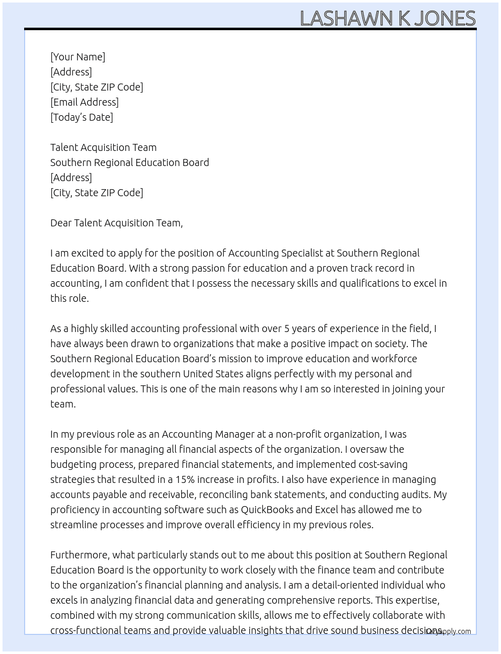 Accounting Specialist At Southern Regional Education Board Cover Letter