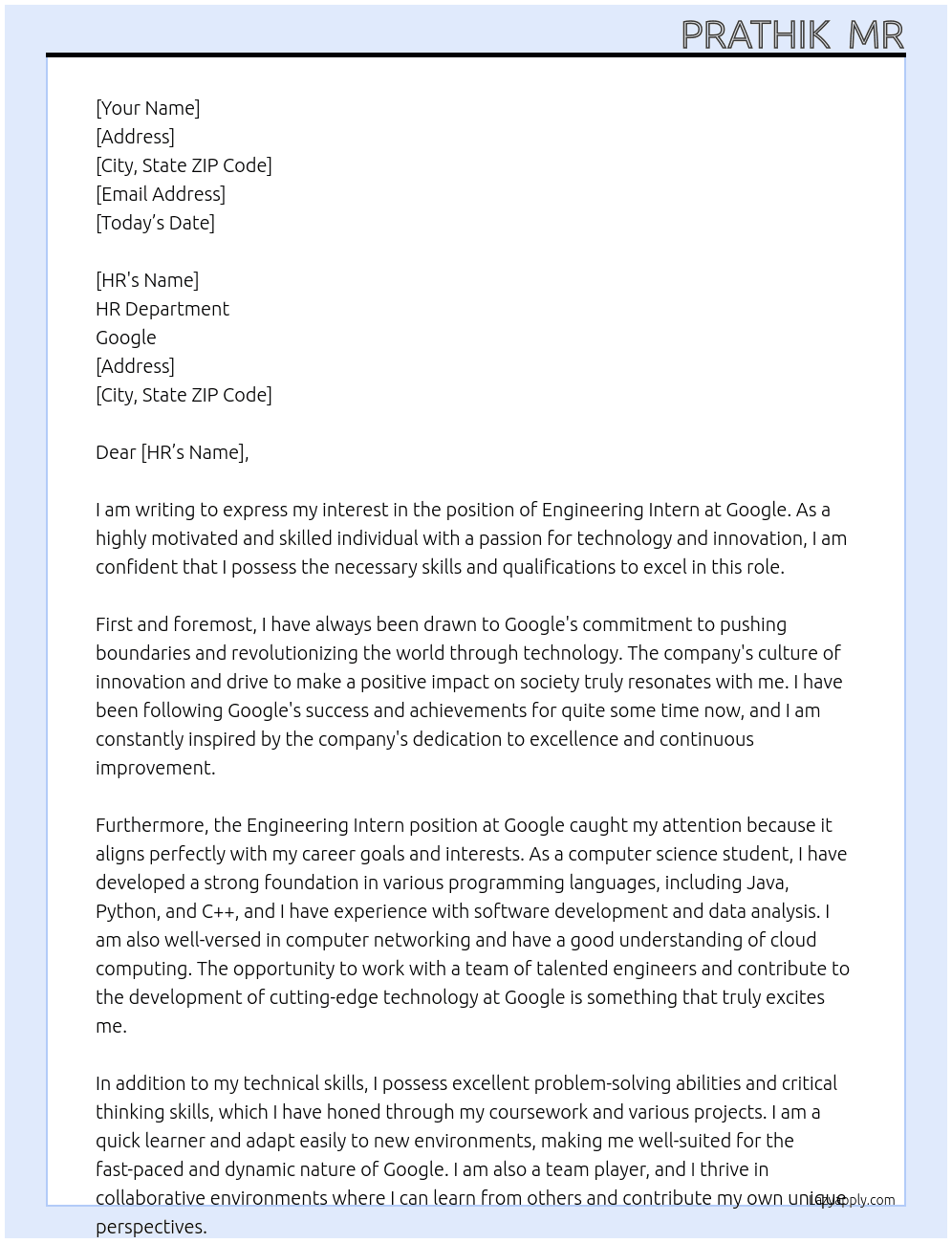Engineering Intern At Google Cover Letter