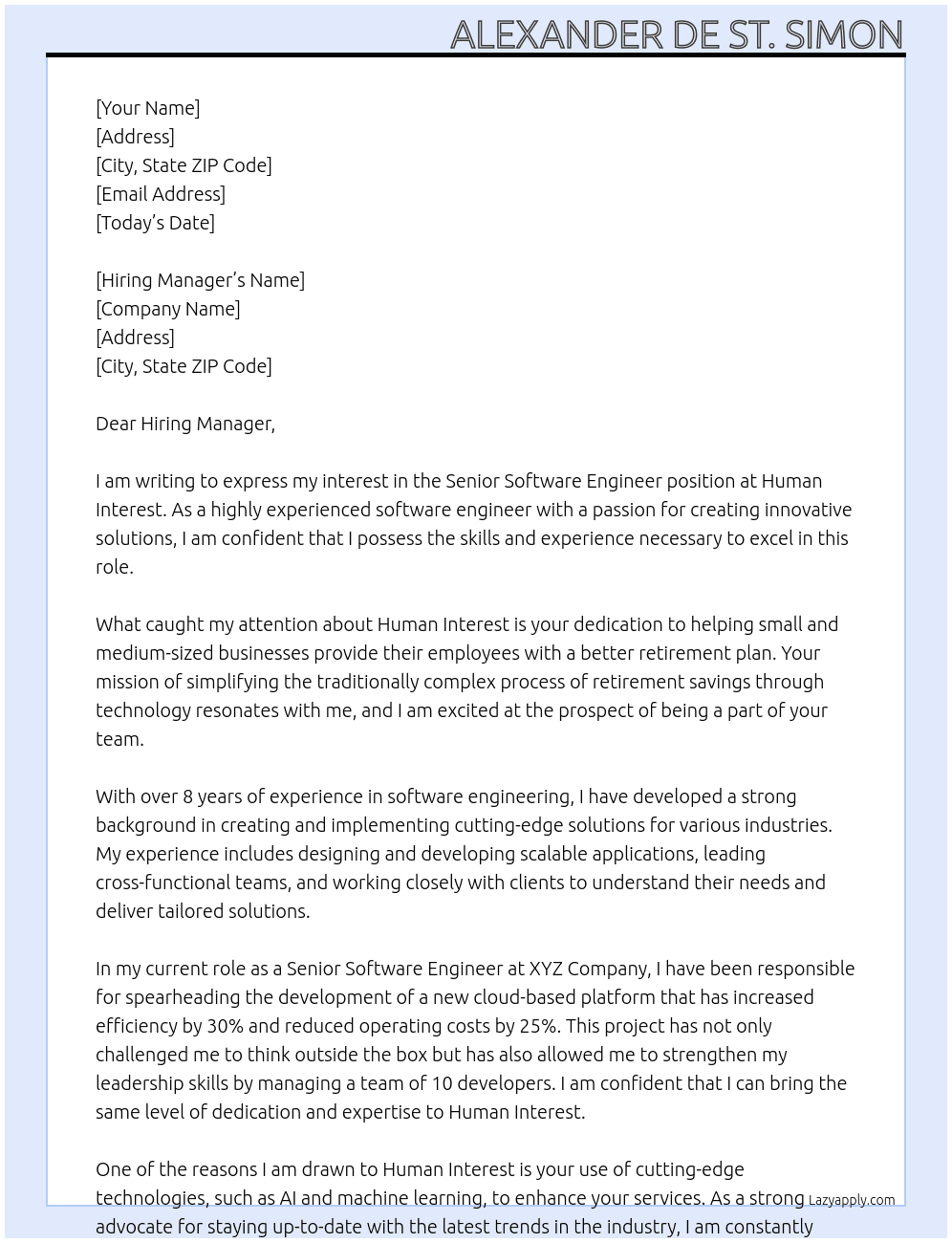 Senior Software Engineer At Human Interest Cover Letter