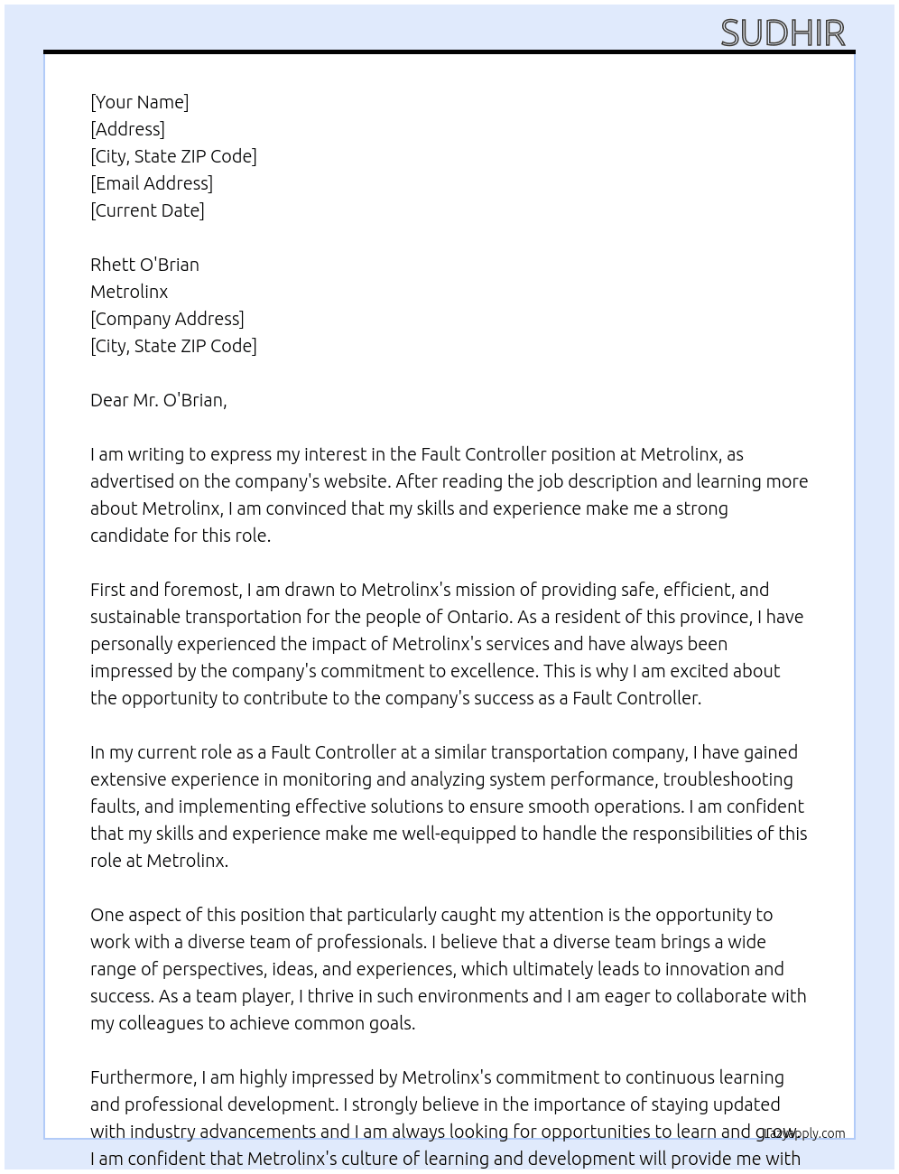 Fault controller  At Metrolinx  Cover Letter