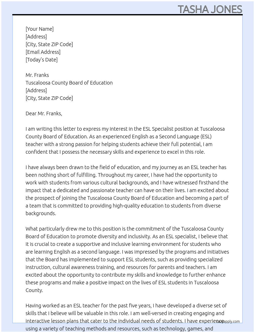 ESL specialist At Tuscaloosa County Board of Education Cover Letter