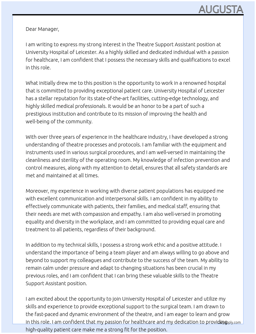 Theatre Support Assistant  At University Hospital of Leicester  Cover Letter
