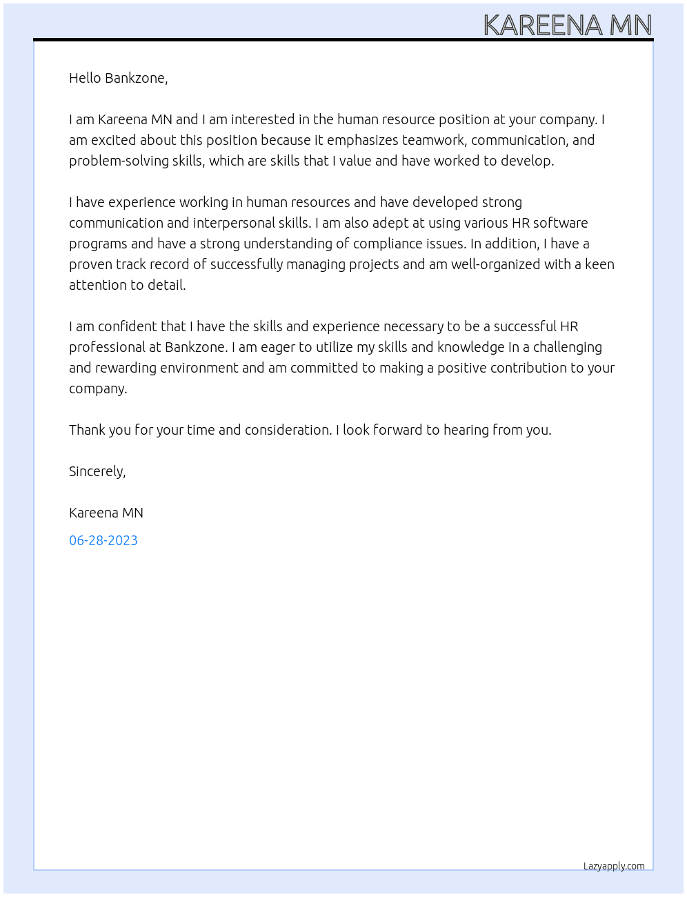 Human Resource At Bankzone Cover Letter