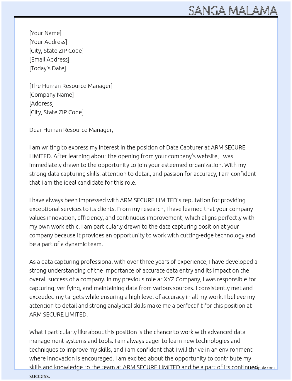 Data Capturer At ARM SECURE LIMITED Cover Letter