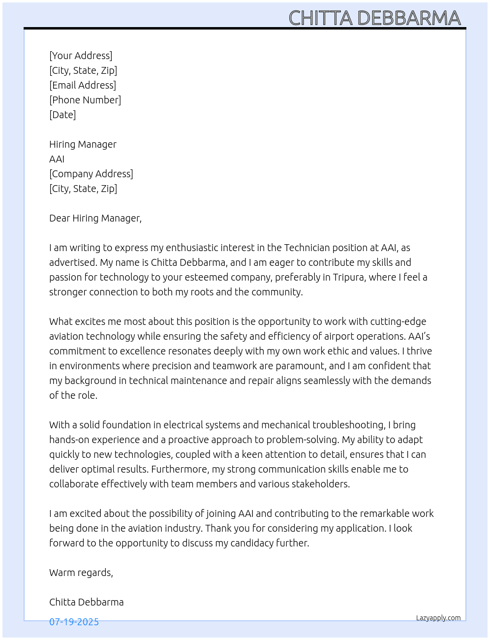 Technician At AAI Cover Letter