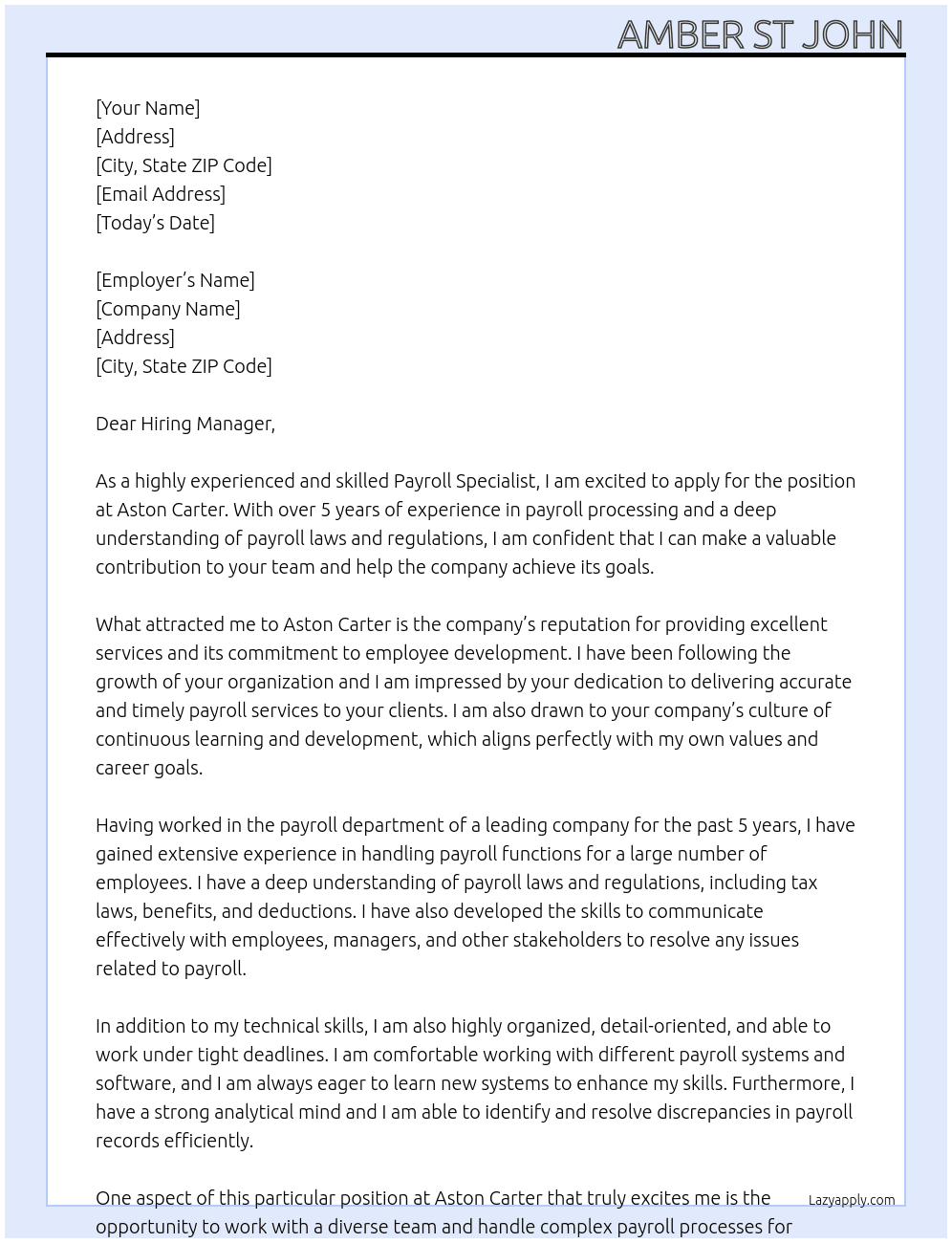 Payroll Specialist At Aston Carter Cover Letter