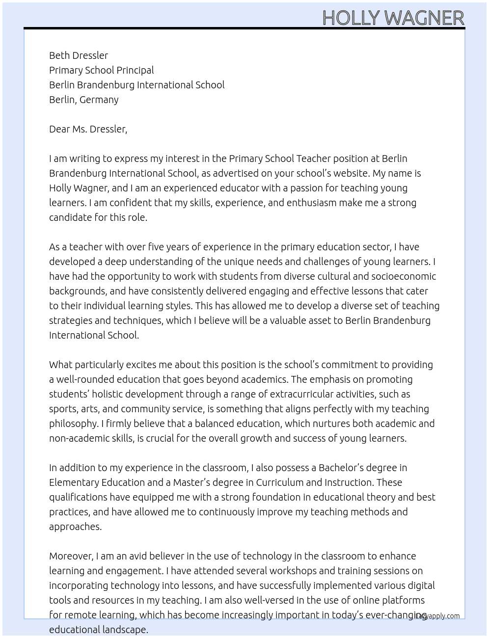 Primary School Teacher At Berlin Brandenburg International School Cover Letter