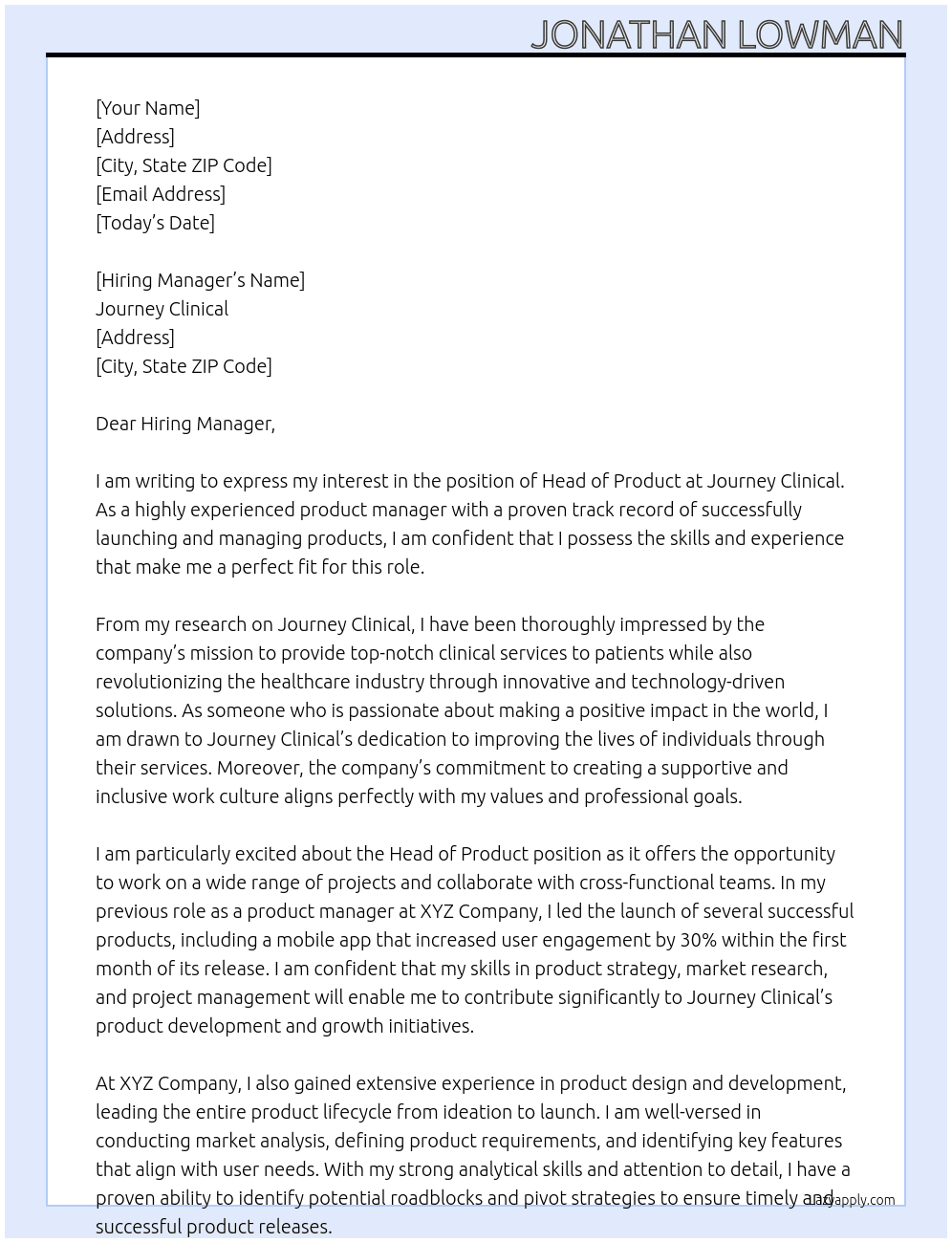 Head of Product At Journey Clinical Cover Letter