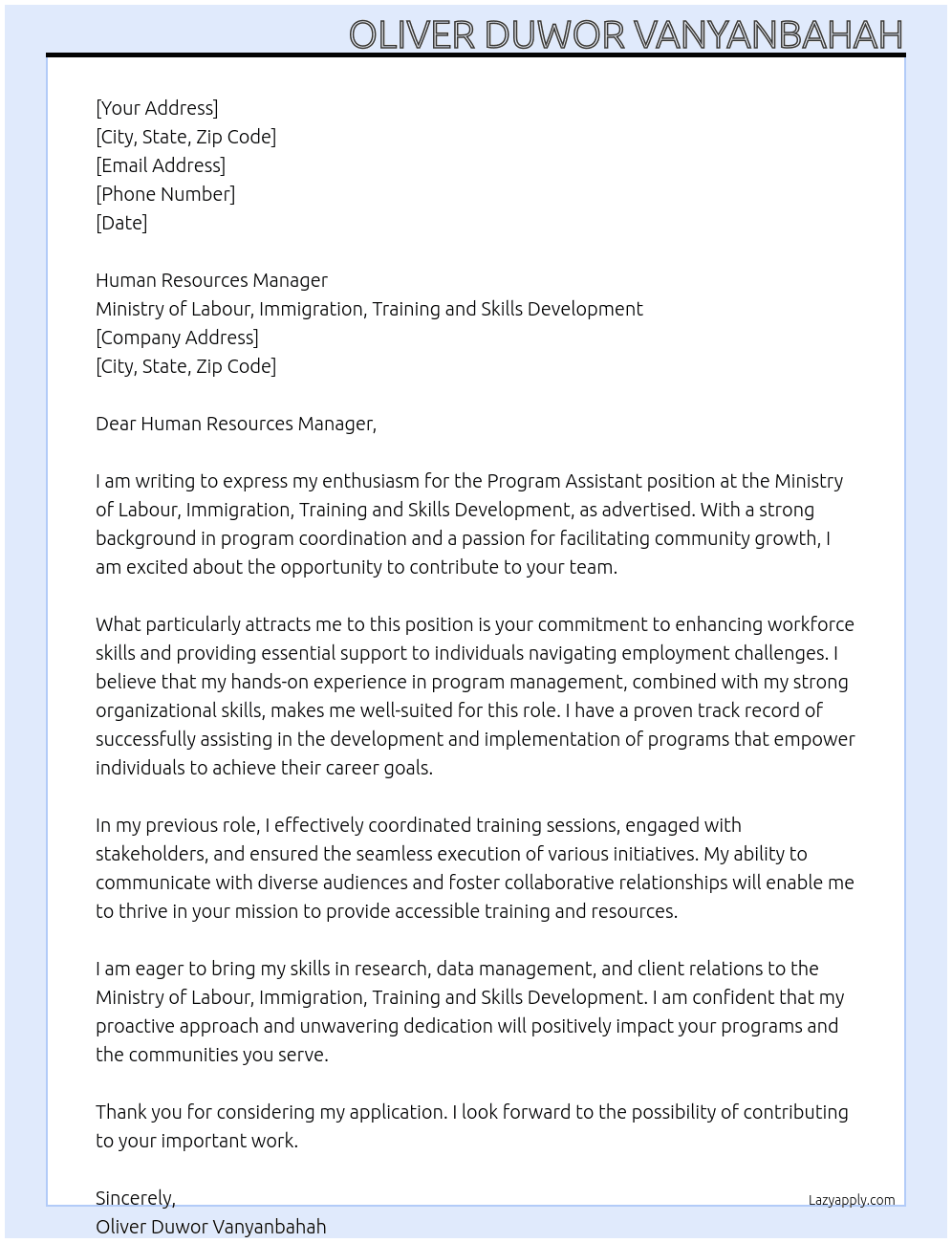 Program Assistant At Ministry of Labour, Immigration, Training and Skills Development Cover Letter