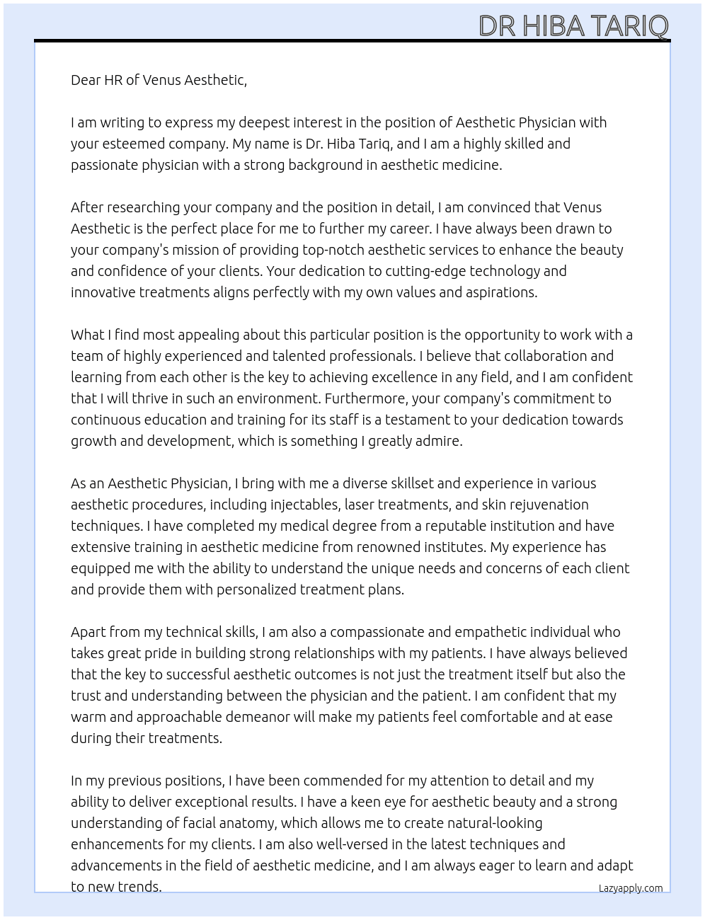 Aesthetic physician At Venus aesthetic Cover Letter